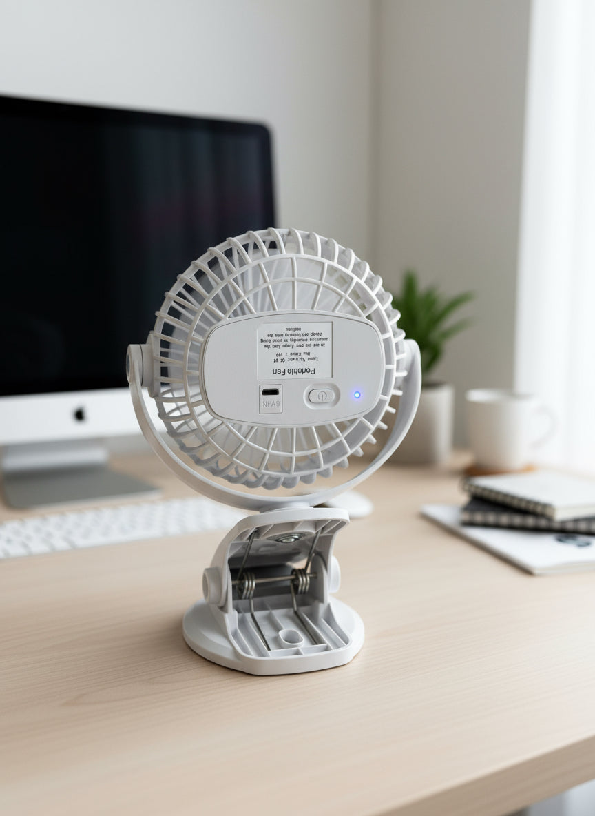 USB Rechargeable Clip on Fan (13cm x 5”) 3 Speed Settings.